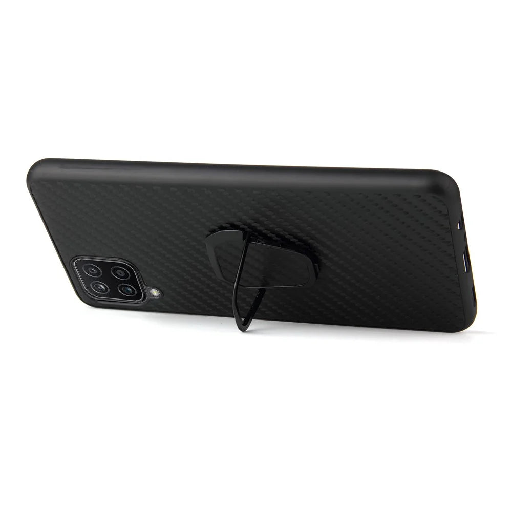 PU Leather Coated TPU Design Ring-Shape Kickstand Design Phone Cover Shell for Samsung Galaxy A12 - Carbon Fiber Texture - 3