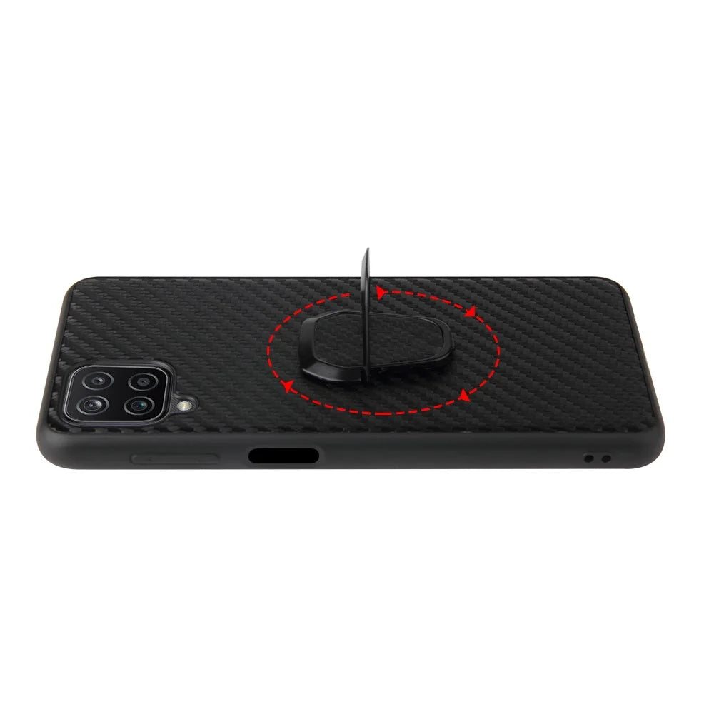 PU Leather Coated TPU Design Ring-Shape Kickstand Design Phone Cover Shell for Samsung Galaxy A12 - Carbon Fiber Texture - 4