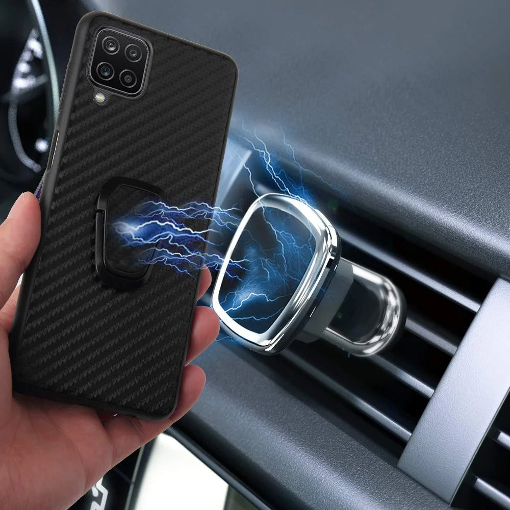 PU Leather Coated TPU Design Ring-Shape Kickstand Design Phone Cover Shell for Samsung Galaxy A12 - Carbon Fiber Texture - 5