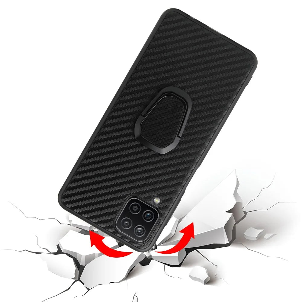 PU Leather Coated TPU Design Ring-Shape Kickstand Design Phone Cover Shell for Samsung Galaxy A12 - Carbon Fiber Texture - 6