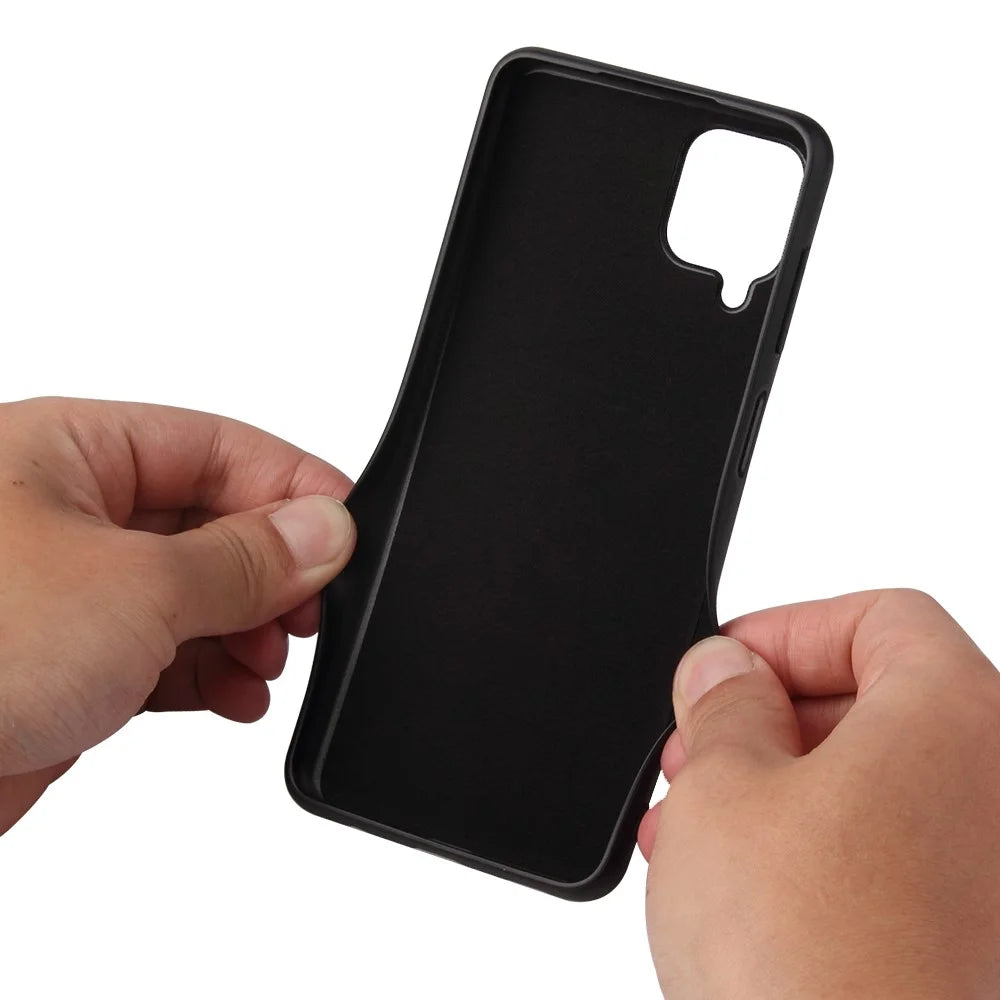 PU Leather Coated TPU Design Ring-Shape Kickstand Design Phone Cover Shell for Samsung Galaxy A12 - Carbon Fiber Texture - 7