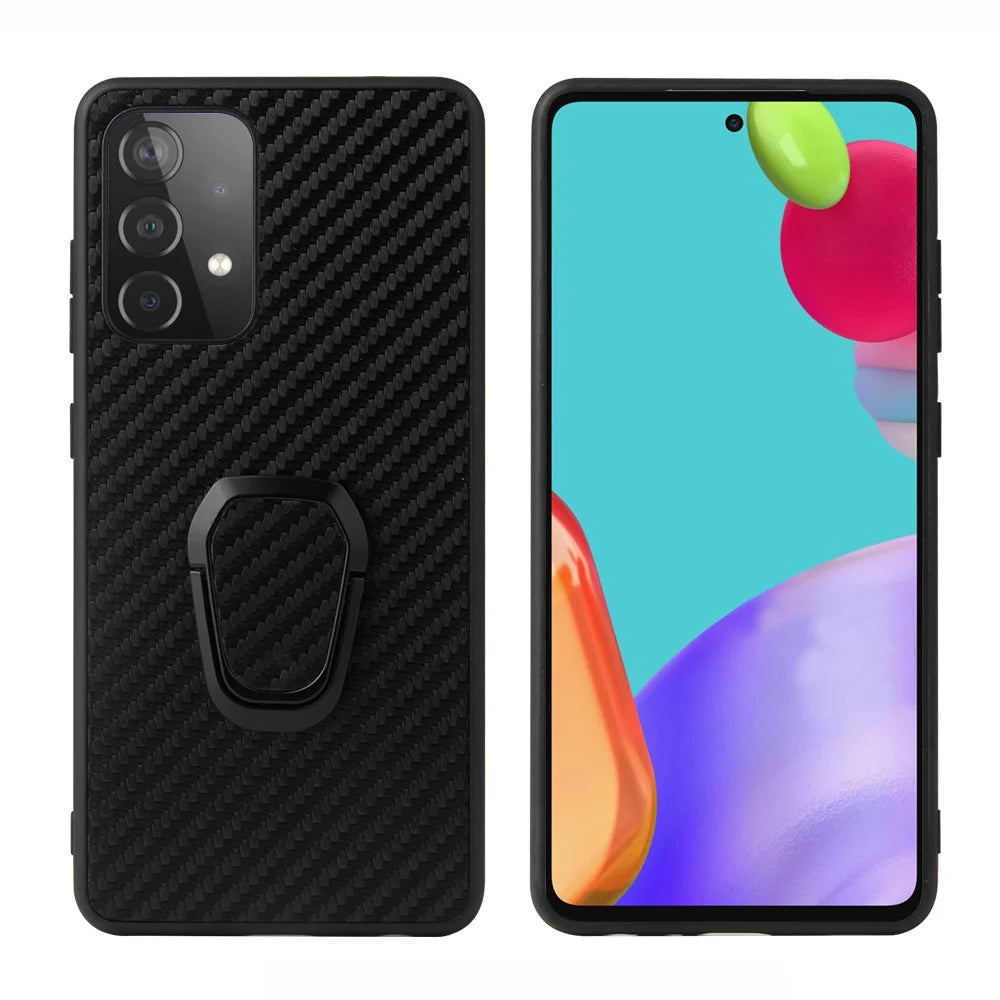 PU Leather Coated TPU Design Ring-Shape Kickstand Phone Cover Shell for Samsung Galaxy A52 4G/5G / A52s 5G - Carbon Fiber Texture - 1