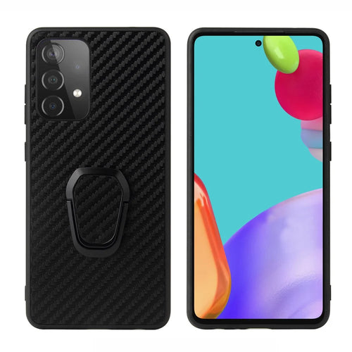 PU Leather Coated TPU Design Ring-Shape Kickstand Phone Cover Shell for Samsung Galaxy A52 4G/5G / A52s 5G - Carbon Fiber Texture - 1