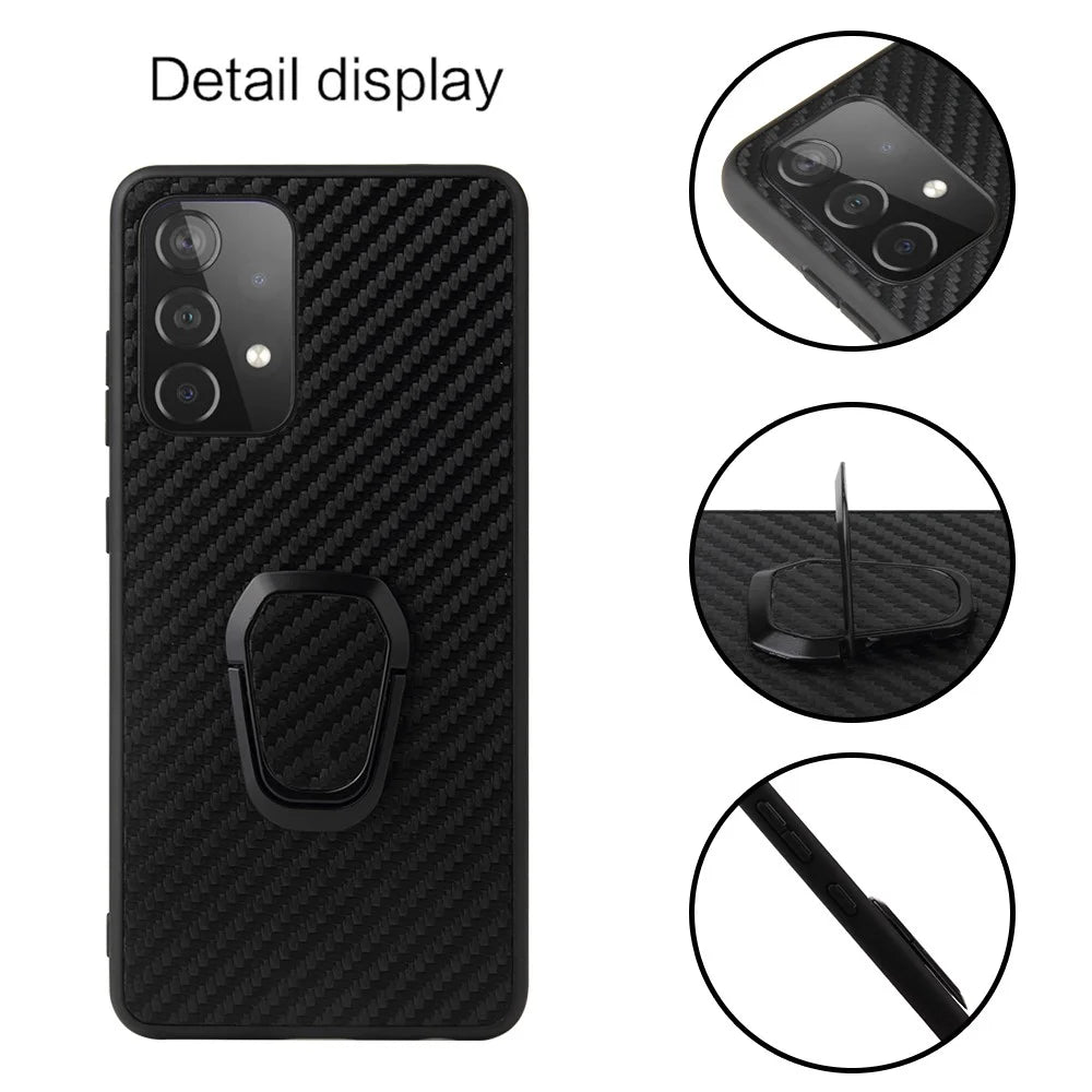 PU Leather Coated TPU Design Ring-Shape Kickstand Phone Cover Shell for Samsung Galaxy A52 4G/5G / A52s 5G - Carbon Fiber Texture - 2