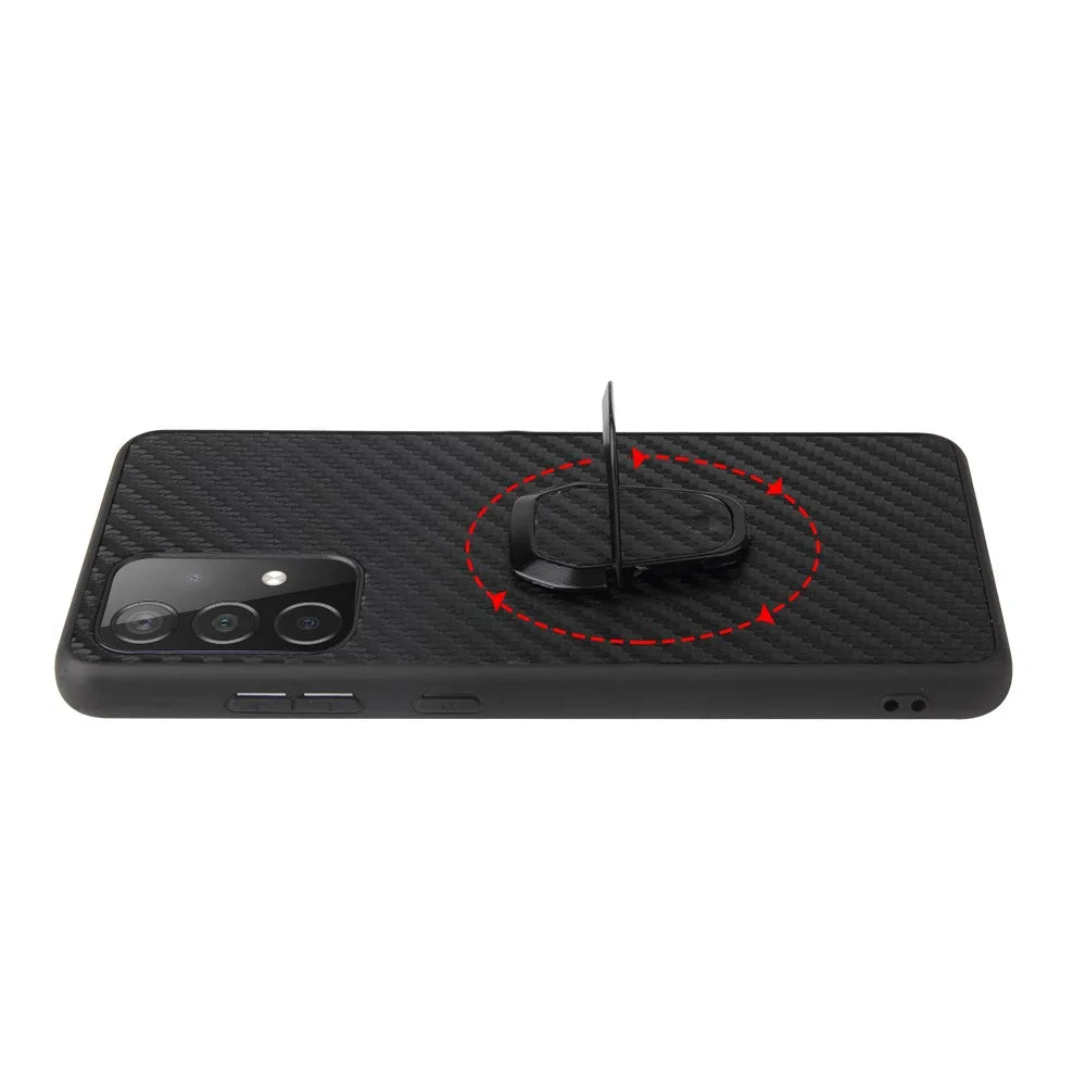 PU Leather Coated TPU Design Ring-Shape Kickstand Phone Cover Shell for Samsung Galaxy A52 4G/5G / A52s 5G - Carbon Fiber Texture - 4