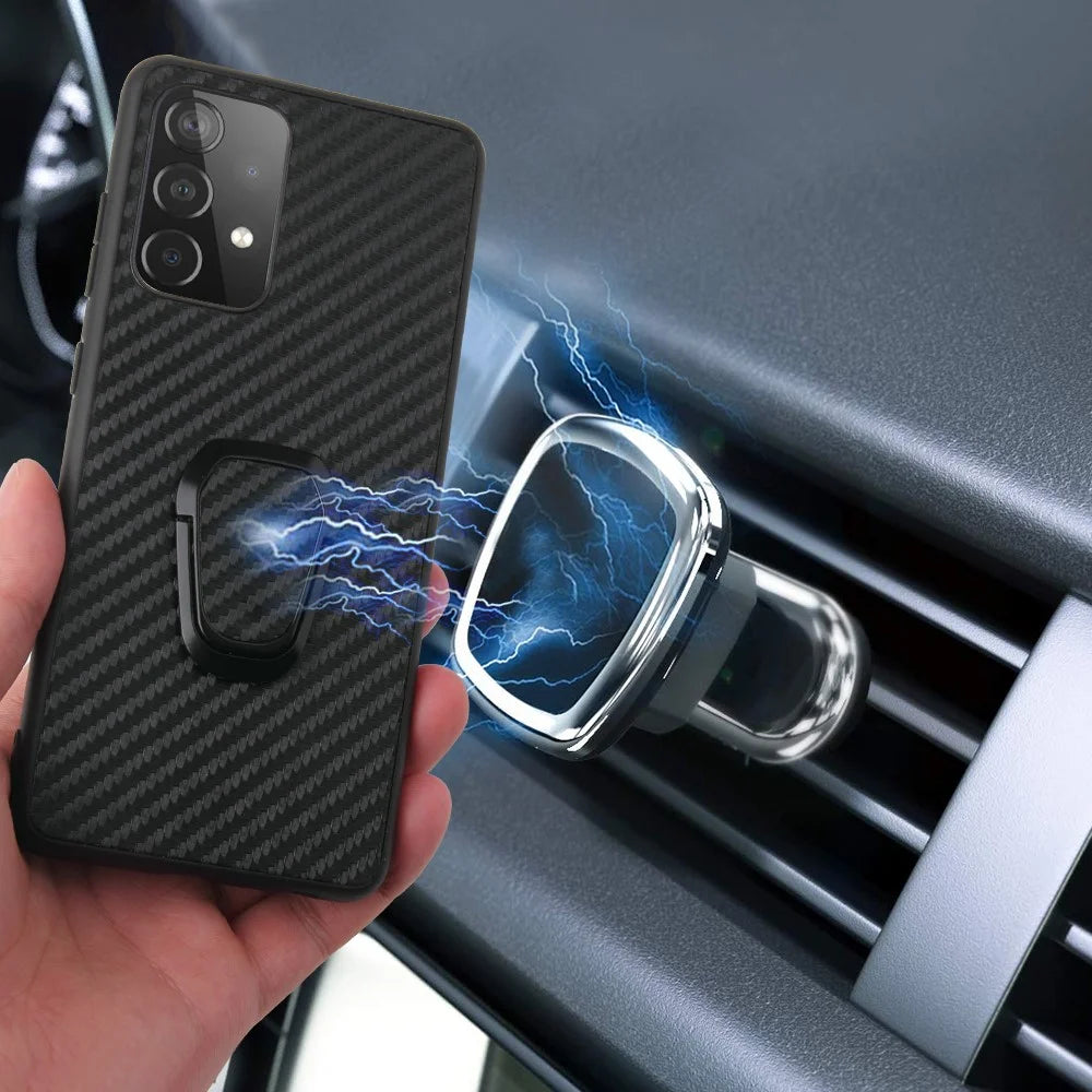 PU Leather Coated TPU Design Ring-Shape Kickstand Phone Cover Shell for Samsung Galaxy A52 4G/5G / A52s 5G - Carbon Fiber Texture - 5