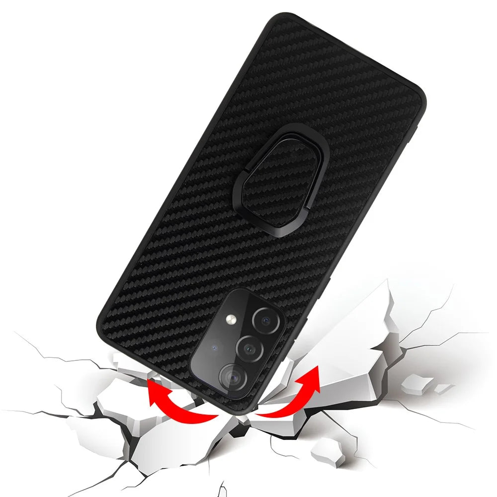 PU Leather Coated TPU Design Ring-Shape Kickstand Phone Cover Shell for Samsung Galaxy A52 4G/5G / A52s 5G - Carbon Fiber Texture - 6