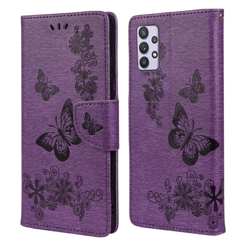 Imprinted Butterflies Flower Leather Wallet Stand Case Shell for Samsung Galaxy A32 5G/M32 5G - Purple - 1