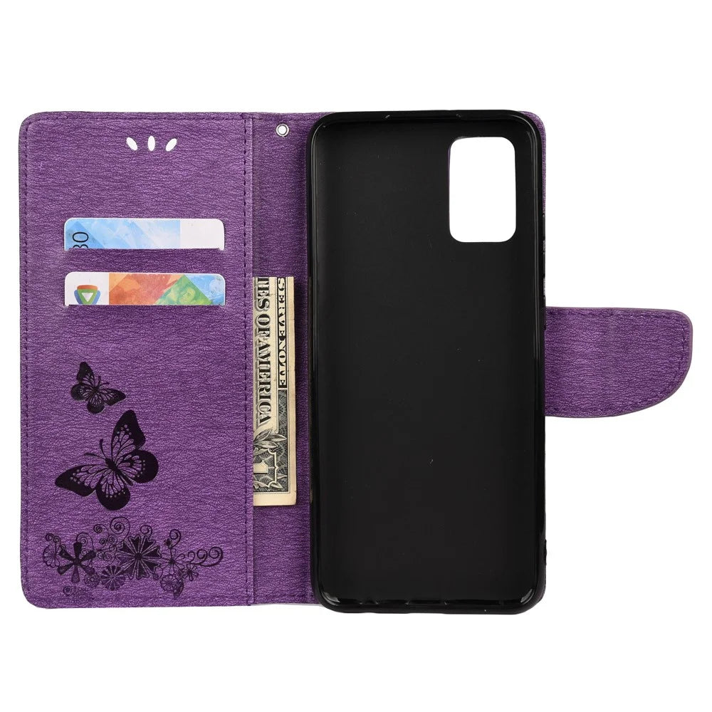 Imprinted Butterflies Flower Leather Wallet Stand Case Shell for Samsung Galaxy A32 5G/M32 5G - Purple - 3
