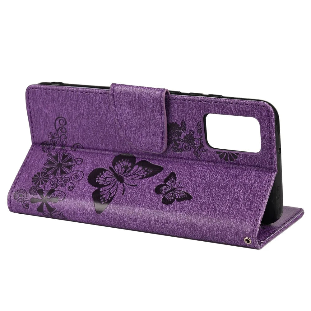 Imprinted Butterflies Flower Leather Wallet Stand Case Shell for Samsung Galaxy A32 5G/M32 5G - Purple - 5