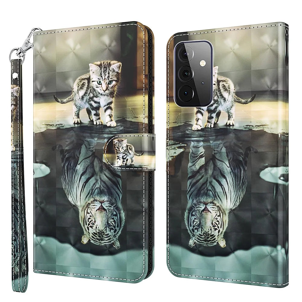 Wallet Stand Design PU Leather Phone Case Shell with Pattern Printing for Samsung Galaxy A72 4G/5G - Cat and Tiger - 1