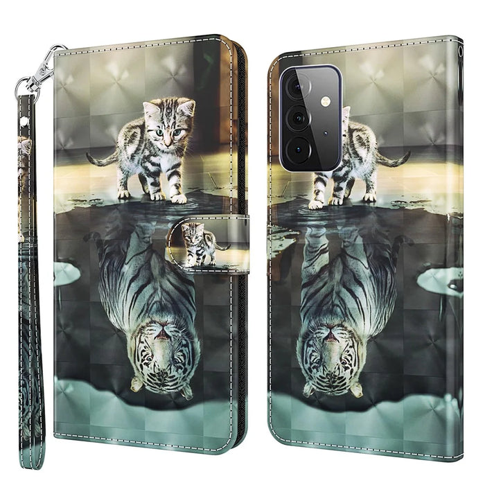 Wallet Stand Design PU Leather Phone Case Shell with Pattern Printing for Samsung Galaxy A72 4G/5G - Cat and Tiger - 1