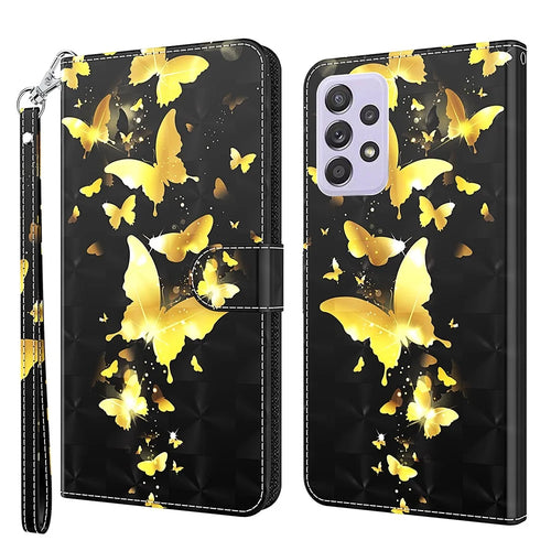 Pattern Printing Design PU Leather Phone Wallet Stand Case Shell for Samsung Galaxy A52 4G/5G / A52s 5G - Gold Butterfly - 1