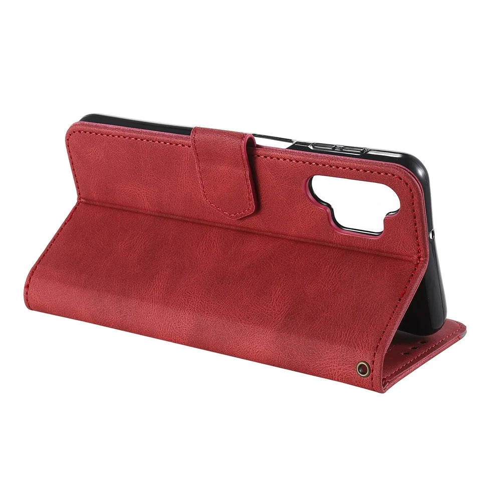 Rivet Decor Skin-Feeling Splicing Leather Wallet Phone Protective Cover for Samsung Galaxy A32 4G (EU Version) - Red - 6