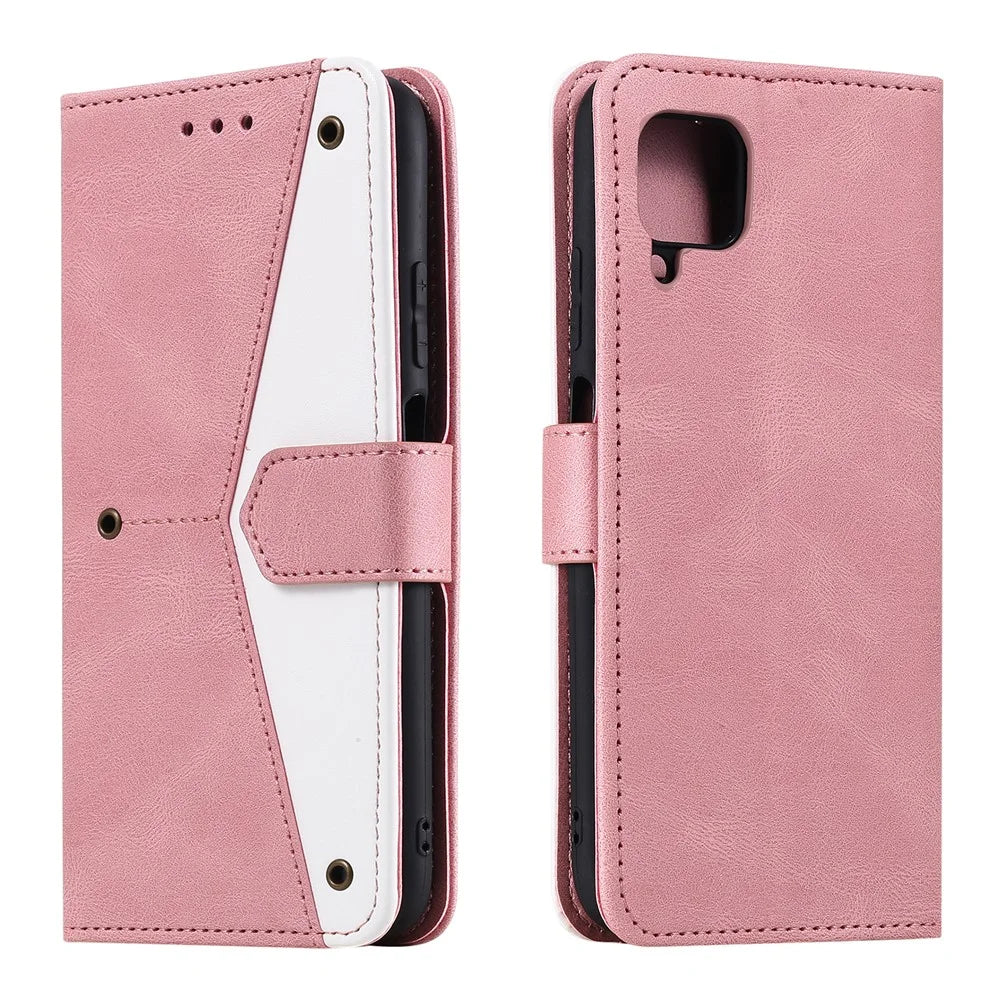 Rivet Decor Skin-Feeling Splicing Leather Wallet Phone Protective Cover for Samsung Galaxy A12/M12 - Pink - 1
