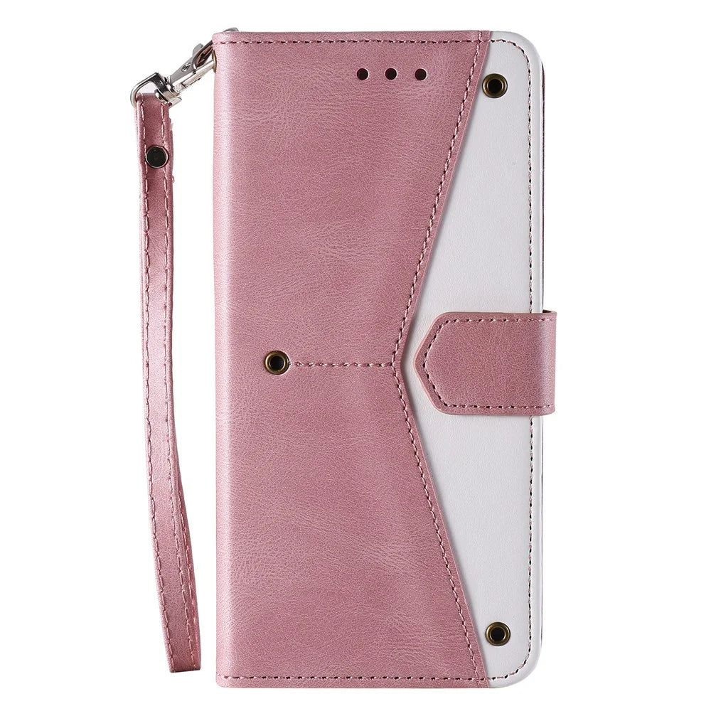 Rivet Decor Skin-Feeling Splicing Leather Wallet Phone Protective Cover for Samsung Galaxy A12/M12 - Pink - 2