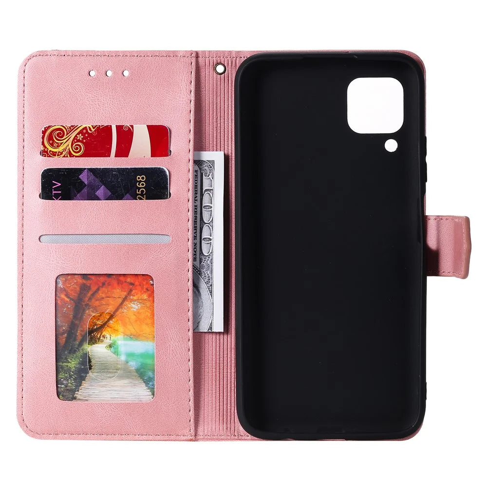 Rivet Decor Skin-Feeling Splicing Leather Wallet Phone Protective Cover for Samsung Galaxy A12/M12 - Pink - 5