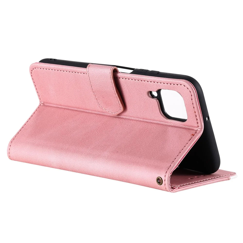 Rivet Decor Skin-Feeling Splicing Leather Wallet Phone Protective Cover for Samsung Galaxy A12/M12 - Pink - 6