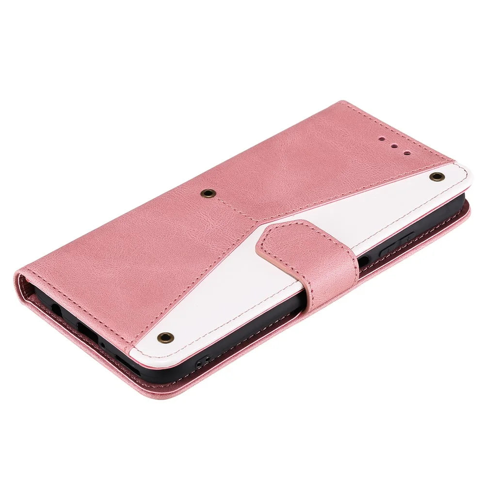 Rivet Decor Skin-Feeling Splicing Leather Wallet Phone Protective Cover for Samsung Galaxy A12/M12 - Pink - 7