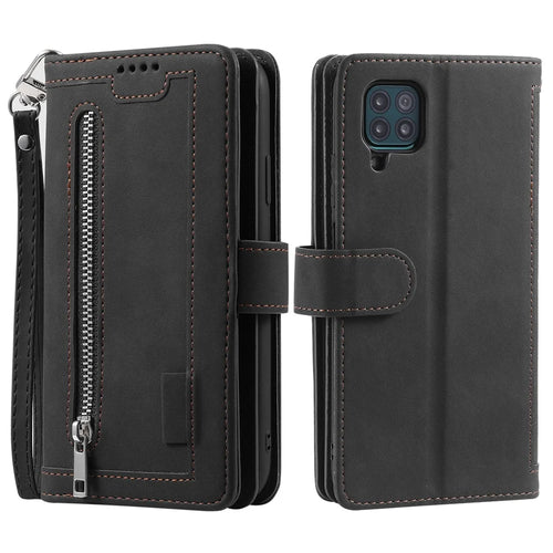 Leather Coated TPU Wallet Phone Stand Case with 9 Card Slots Kickstand Shell for Samsung Galaxy A12/M12 - Black - 1