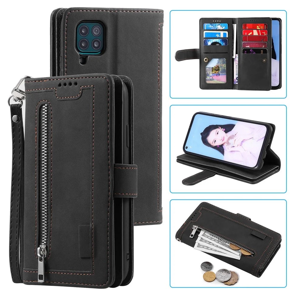 Leather Coated TPU Wallet Phone Stand Case with 9 Card Slots Kickstand Shell for Samsung Galaxy A12/M12 - Black - 2