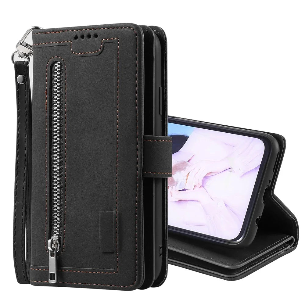 Leather Coated TPU Wallet Phone Stand Case with 9 Card Slots Kickstand Shell for Samsung Galaxy A12/M12 - Black - 3
