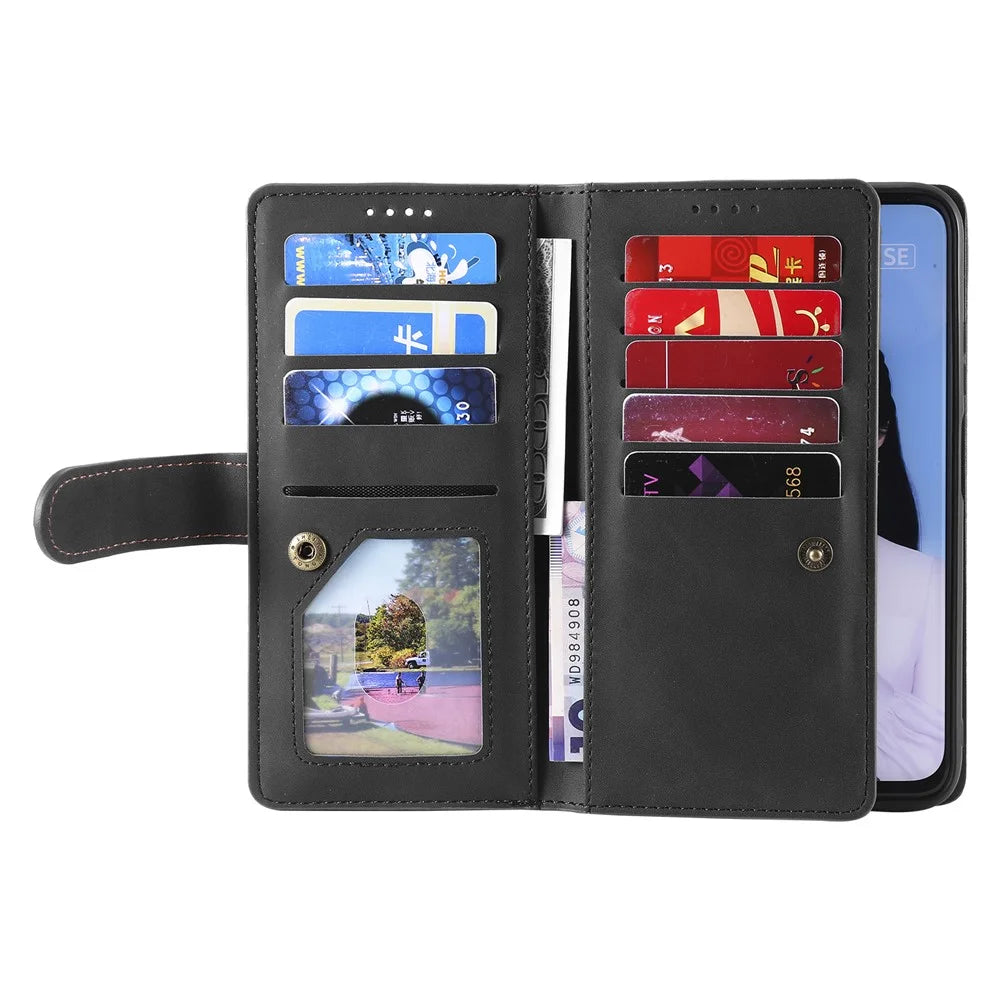 Leather Coated TPU Wallet Phone Stand Case with 9 Card Slots Kickstand Shell for Samsung Galaxy A12/M12 - Black - 6