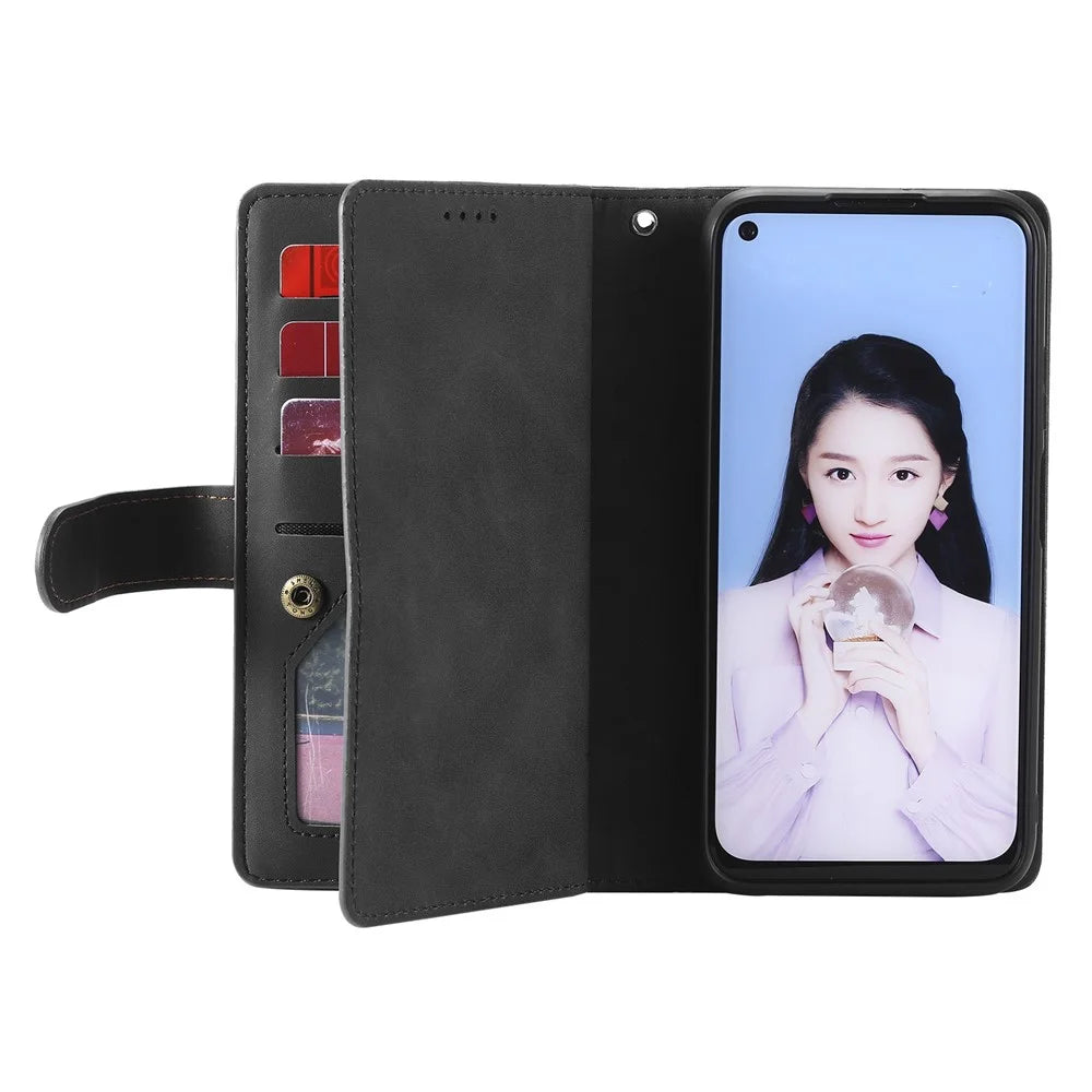 Leather Coated TPU Wallet Phone Stand Case with 9 Card Slots Kickstand Shell for Samsung Galaxy A12/M12 - Black - 7