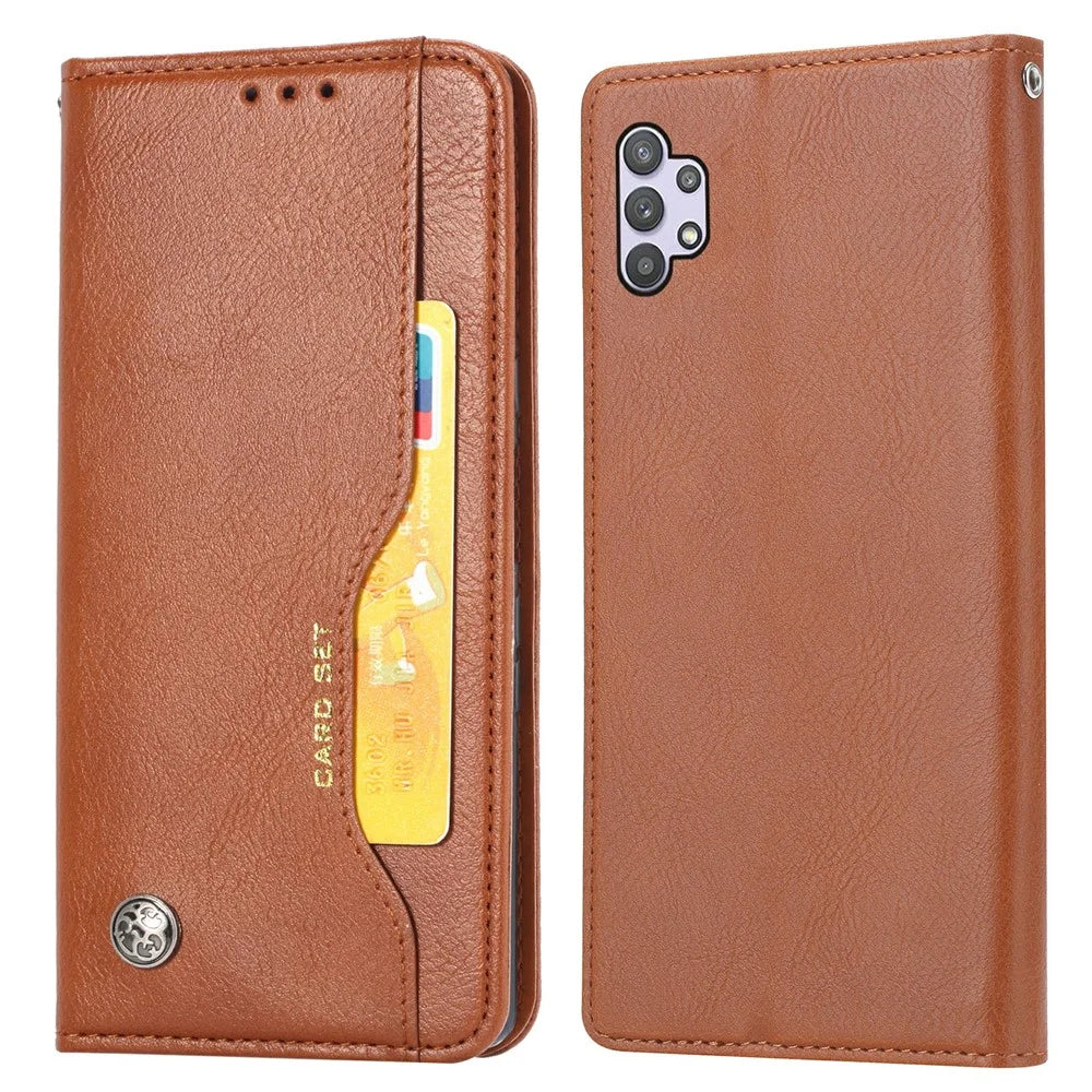 Auto-absorbed Wallet Stand Leather Protector Phone Cover for Samsung Galaxy A32 5G/M32 5G - Brown - 1