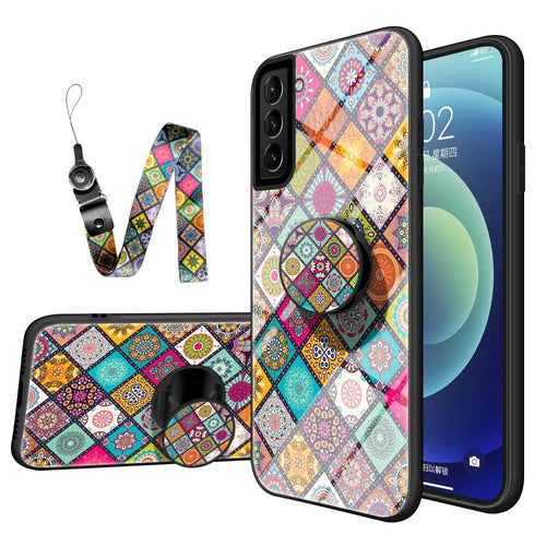 Colorful Flower Print Glass Hybrid Phone Cover Case with Kickstand Lanyard for Samsung Galaxy S21 4G/5G - Checkered Pattern - 1