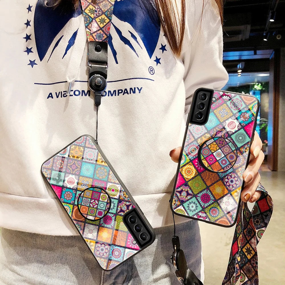 Colorful Flower Print Glass Hybrid Phone Cover Case with Kickstand Lanyard for Samsung Galaxy S21 4G/5G - Checkered Pattern - 2
