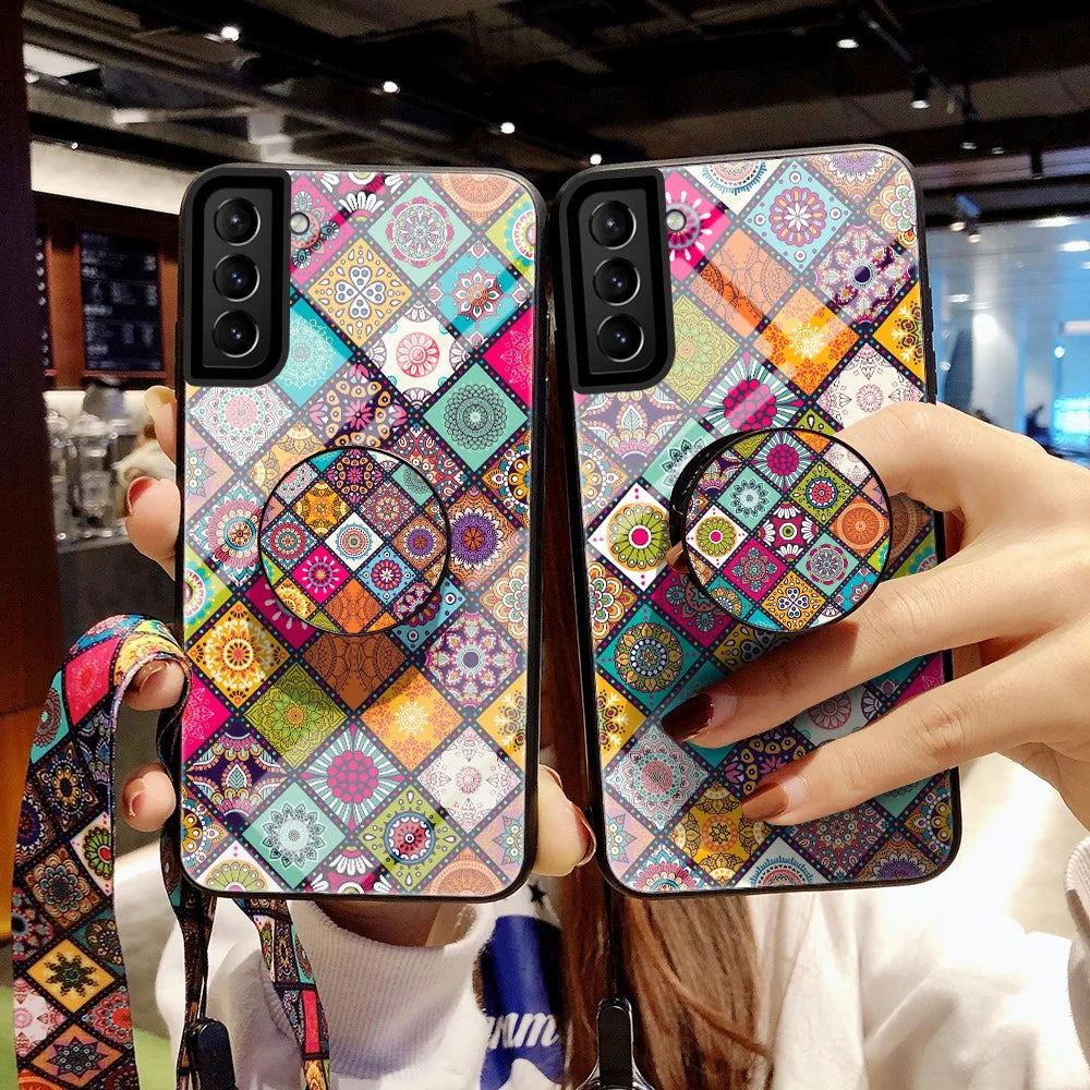 Colorful Flower Print Glass Hybrid Phone Cover Case with Kickstand Lanyard for Samsung Galaxy S21 4G/5G - Checkered Pattern - 4