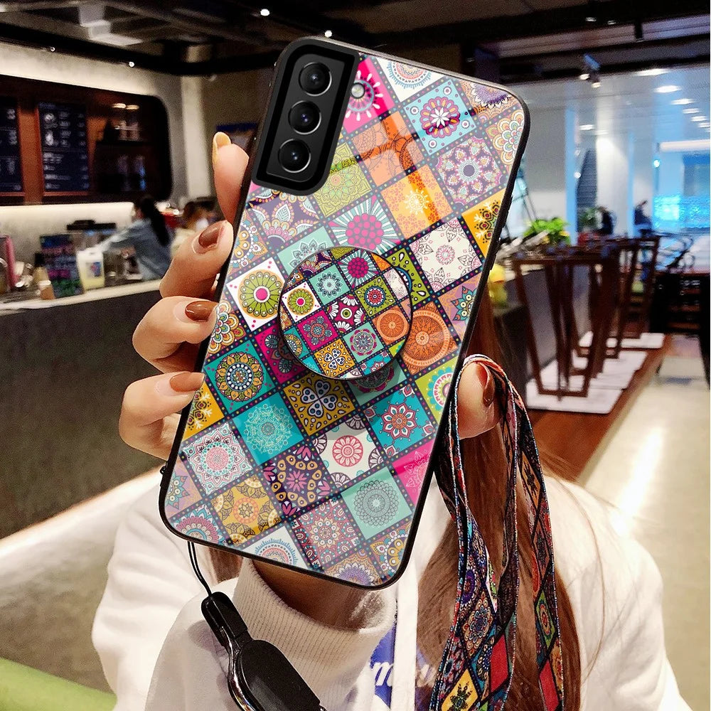 Colorful Flower Print Glass Hybrid Phone Cover Case with Kickstand Lanyard for Samsung Galaxy S21 4G/5G - Checkered Pattern - 5