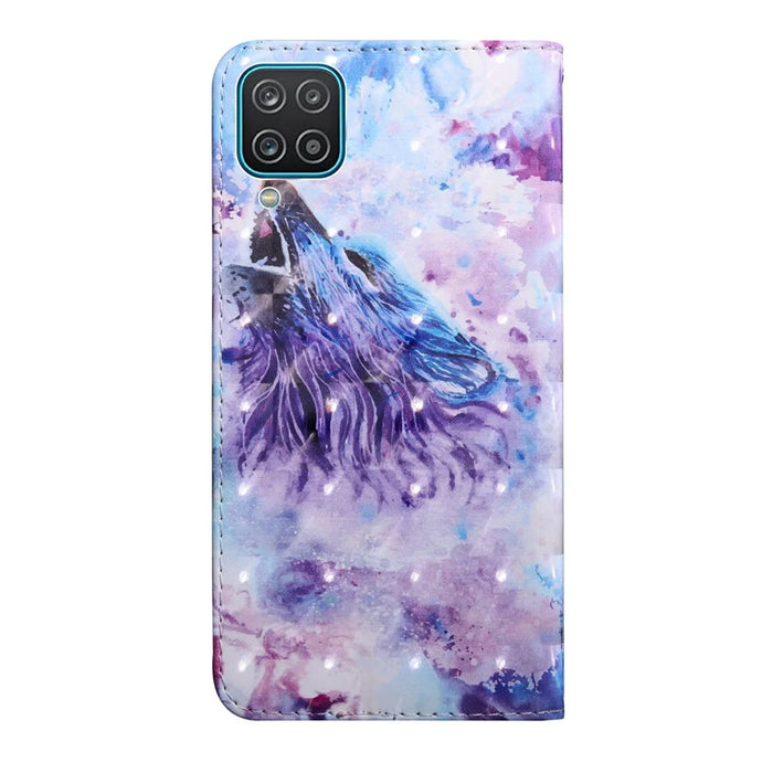 3D Pattern Printing Wallet Stand PU Leather Full-Protection Phone Cover Case for Samsung Galaxy A12 - Howling Wolf - 2