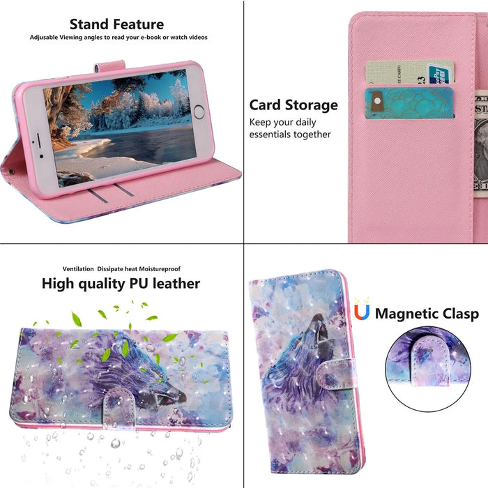 3D Pattern Printing Wallet Stand PU Leather Full-Protection Phone Cover Case for Samsung Galaxy A12 - Howling Wolf - 6