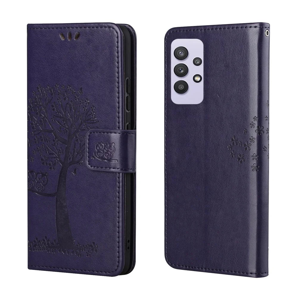 Owl Pattern Printing Design Leather Wallet Phone Cover for Samsung Galaxy A32 4G (EU Version) - Dark Blue - 1