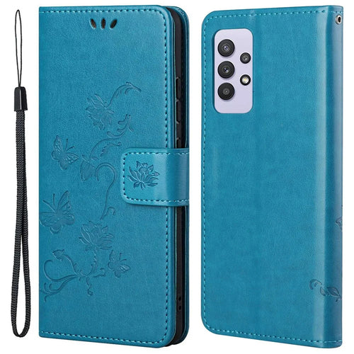 Imprint Butterfly Flower Leather Wallet Stand Phone Cover for Samsung Galaxy A32 4G - Blue - 1