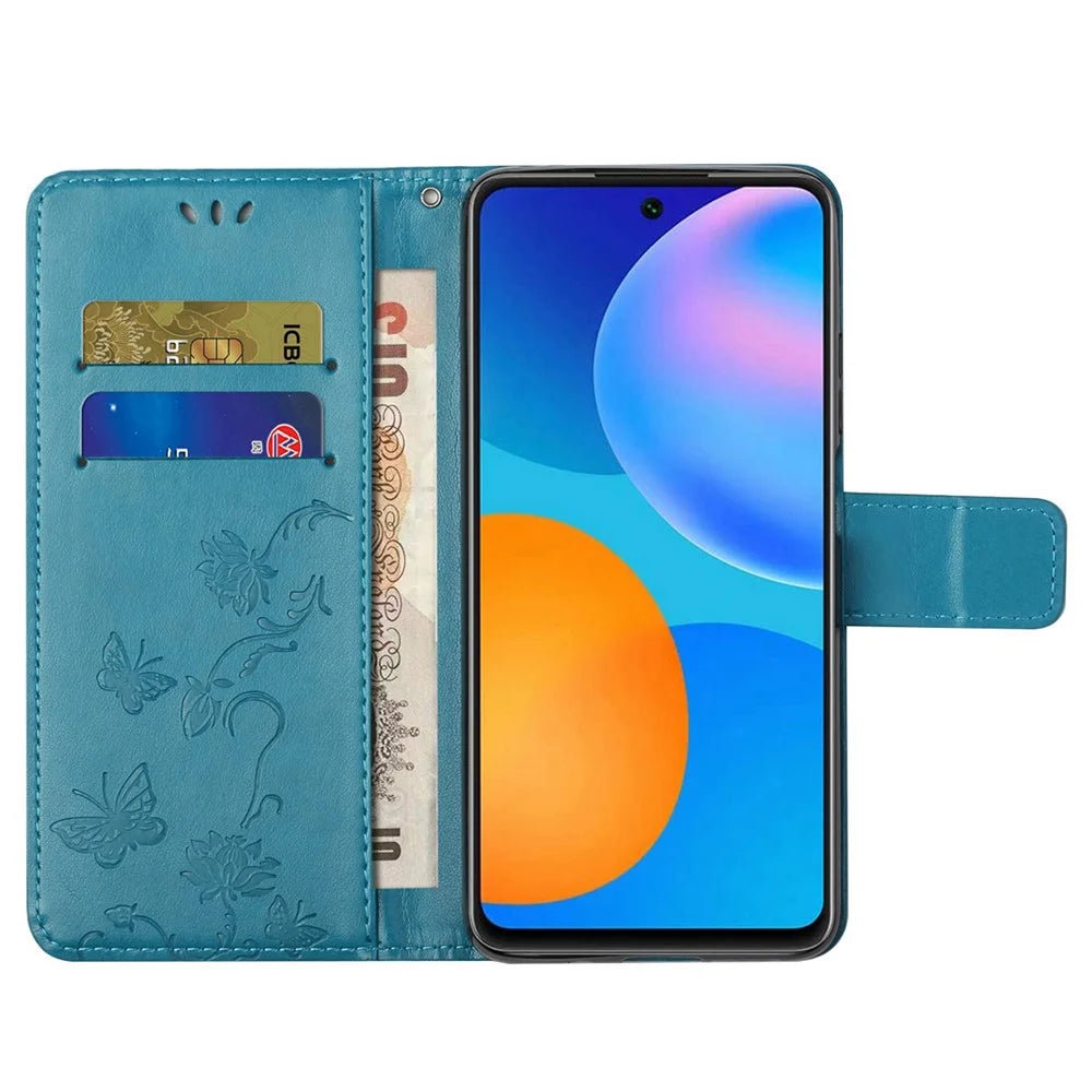 Imprint Butterfly Flower Leather Wallet Stand Phone Cover for Samsung Galaxy A32 4G - Blue - 2