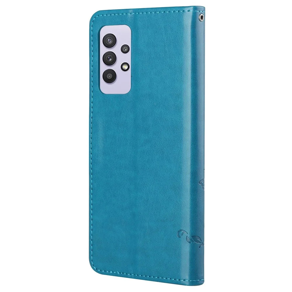 Imprint Butterfly Flower Leather Wallet Stand Phone Cover for Samsung Galaxy A32 4G - Blue - 6