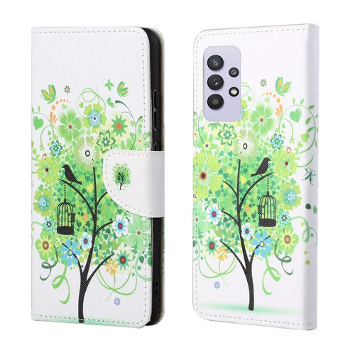 3D Pattern Printing Cross Texture Leather Wallet Stand Case Shell for Samsung Galaxy A32 4G (European Version) - Green Tree - 1