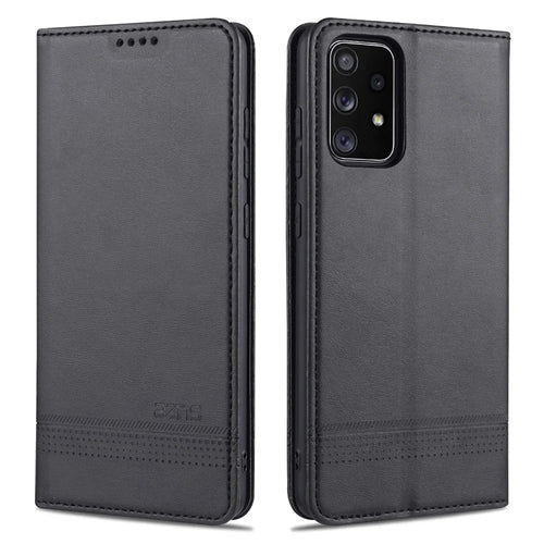 AZNS Wallet Design Auto-absorbed Magnetic Leather Stand Mobile Shell Case for Samsung Galaxy A72 4G/5G - Black - 1