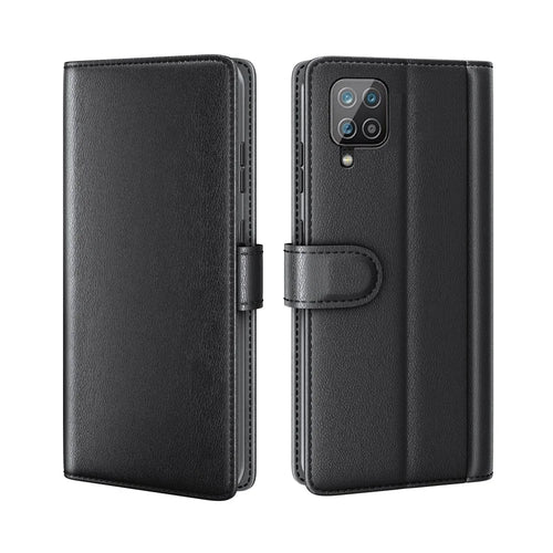 For Samsung Galaxy A12 Case Genuine Split Leather Phone Cover with Wallet Stand - Black - 1