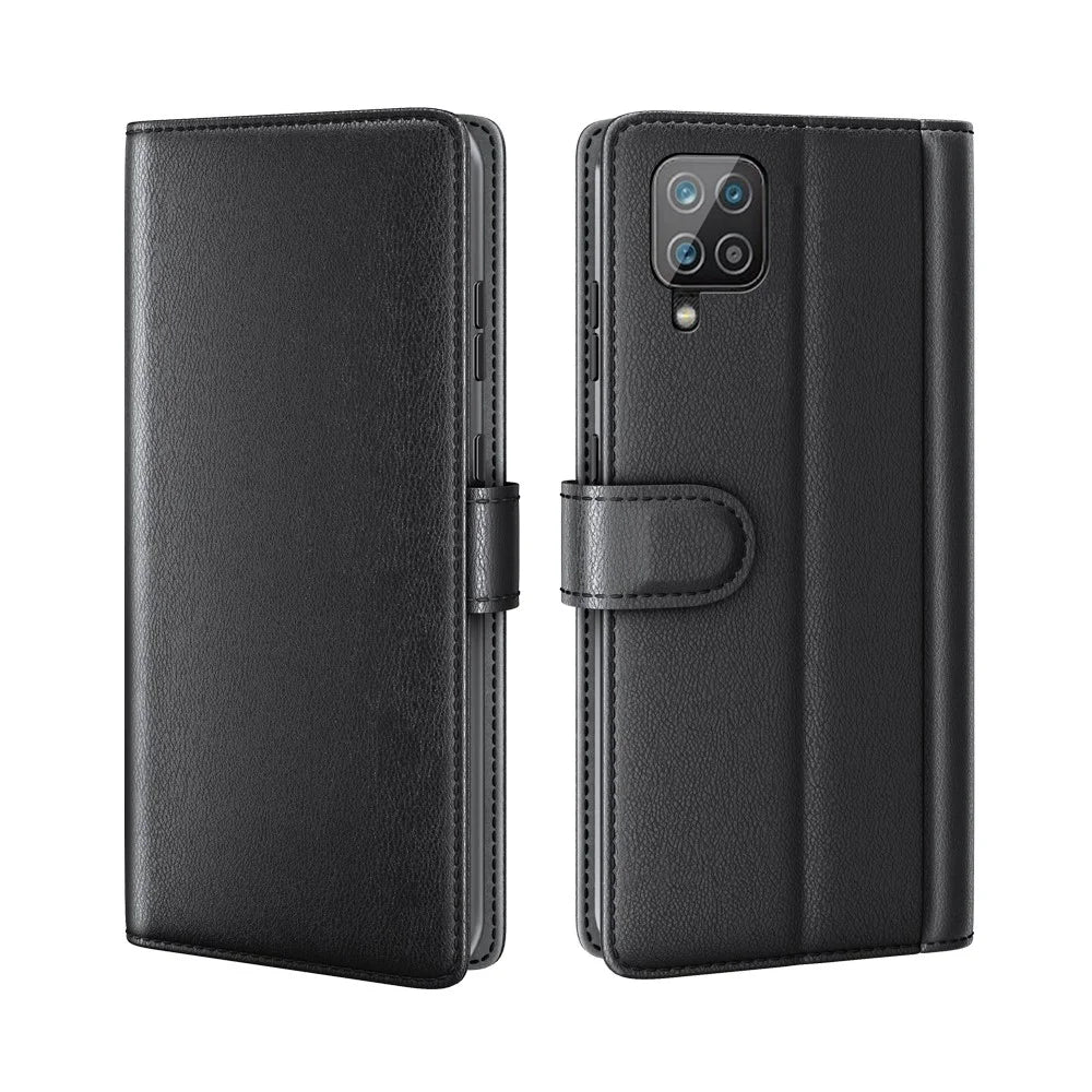 For Samsung Galaxy A12 Case Genuine Split Leather Phone Cover with Wallet Stand - Black - 1