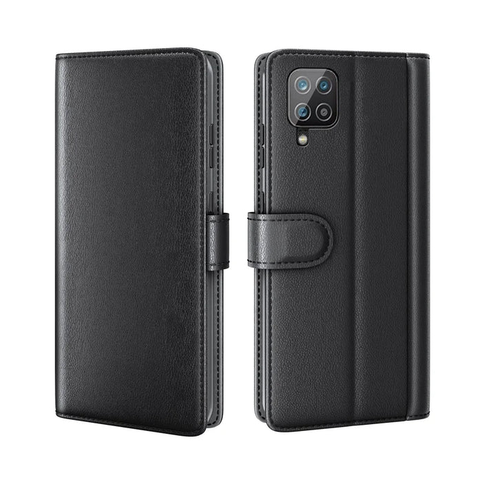 For Samsung Galaxy A12 Case Genuine Split Leather Phone Cover with Wallet Stand - Black - 1