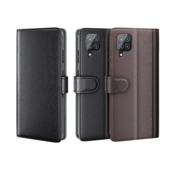 For Samsung Galaxy A12 Case Genuine Split Leather Phone Cover with Wallet Stand - Black - 2
