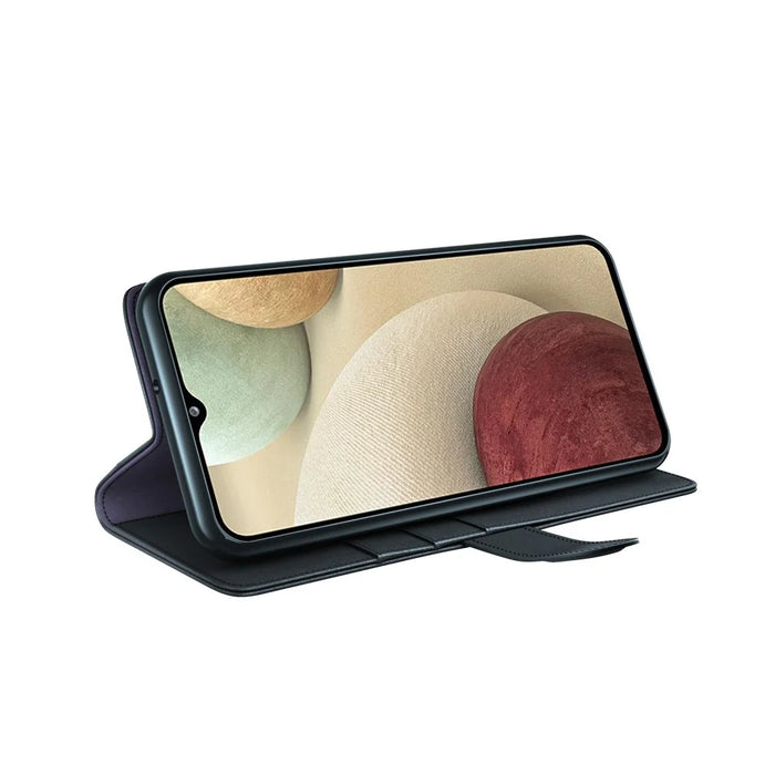 For Samsung Galaxy A12 Case Genuine Split Leather Phone Cover with Wallet Stand - Black - 3