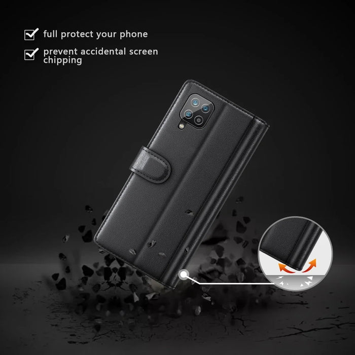 For Samsung Galaxy A12 Case Genuine Split Leather Phone Cover with Wallet Stand - Black - 5