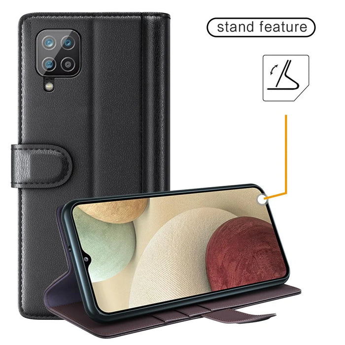 For Samsung Galaxy A12 Case Genuine Split Leather Phone Cover with Wallet Stand - Black - 7
