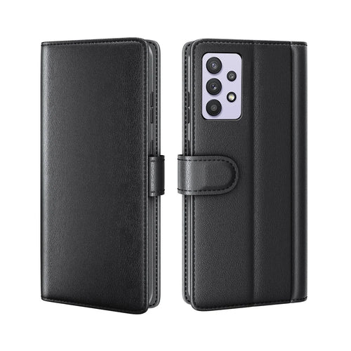 For Samsung Galaxy A32 5G / M32 5G Case Genuine Split Leather Phone Cover with Wallet Stand - Black - 1