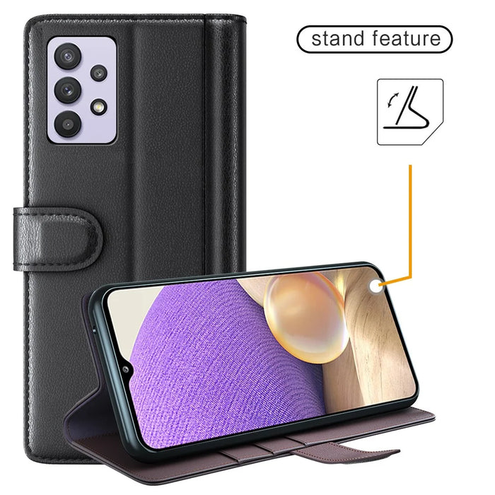 For Samsung Galaxy A32 5G / M32 5G Case Genuine Split Leather Phone Cover with Wallet Stand - Black - 6
